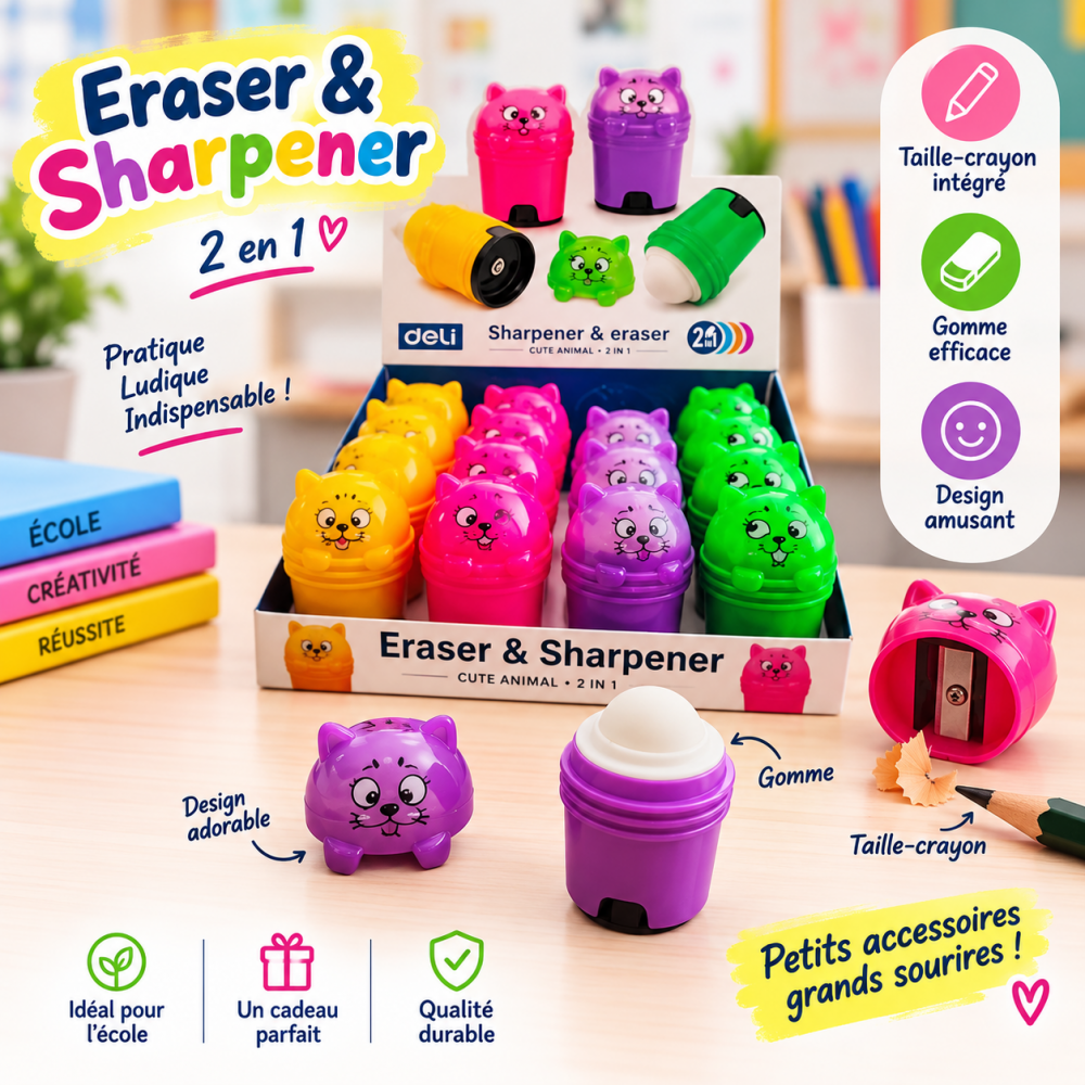Gomme et taille-crayon 2 en 1 au design animal amusant