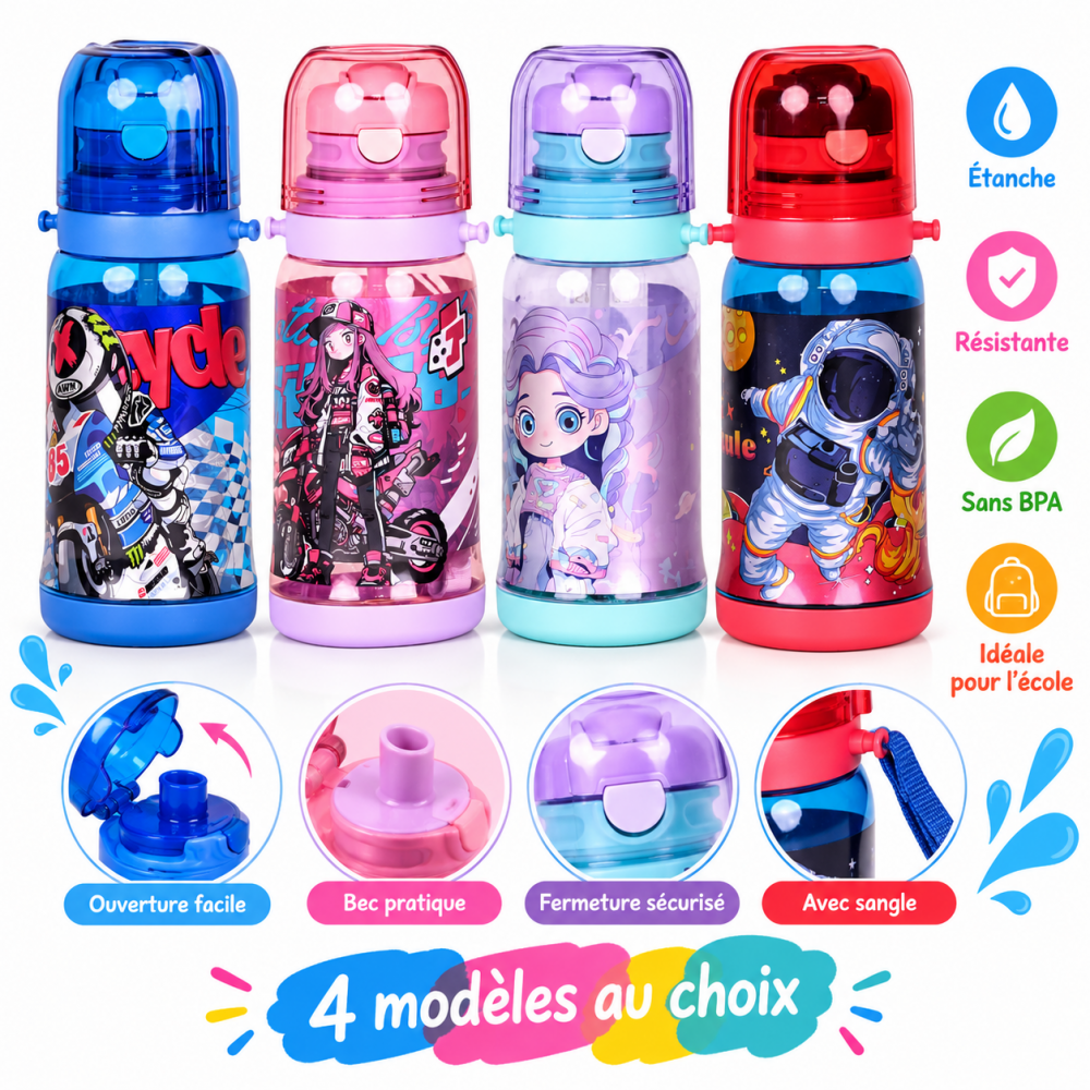 Bouteille d’eau 500 ml Illustrations Urbaines – Bec Verseur, Paille & Fermeture Sécurisée
