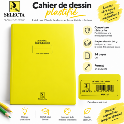 Cahier de dessin plastifié SELECTA, format 24 × 32 cm, composé de 24 pages unies en papier dessin 80 g.