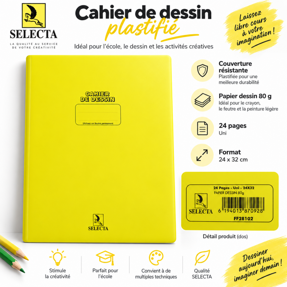 Cahier de dessin plastifié SELECTA, format 24 × 32 cm, composé de 24 pages unies en papier dessin 80 g.