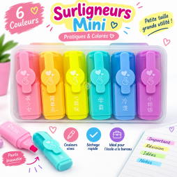 lot de 6 mini surligneurs colorés dans une boîte pratique et compacte