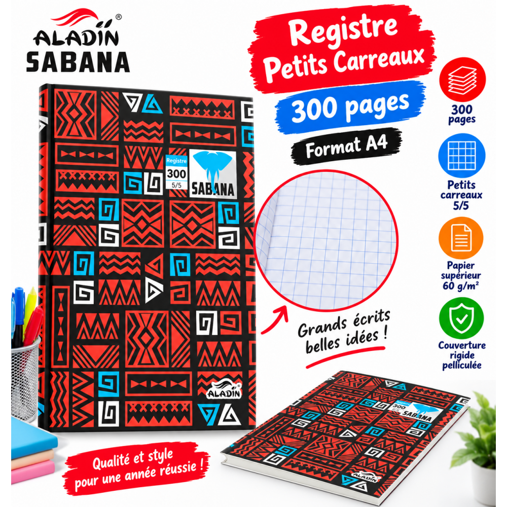Registre ALADIN SABANA 300 pages petits carreaux 5/5  A4