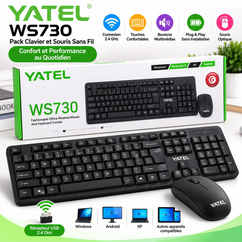 Pack Clavier + Souris Sans Fil YATEL WS730