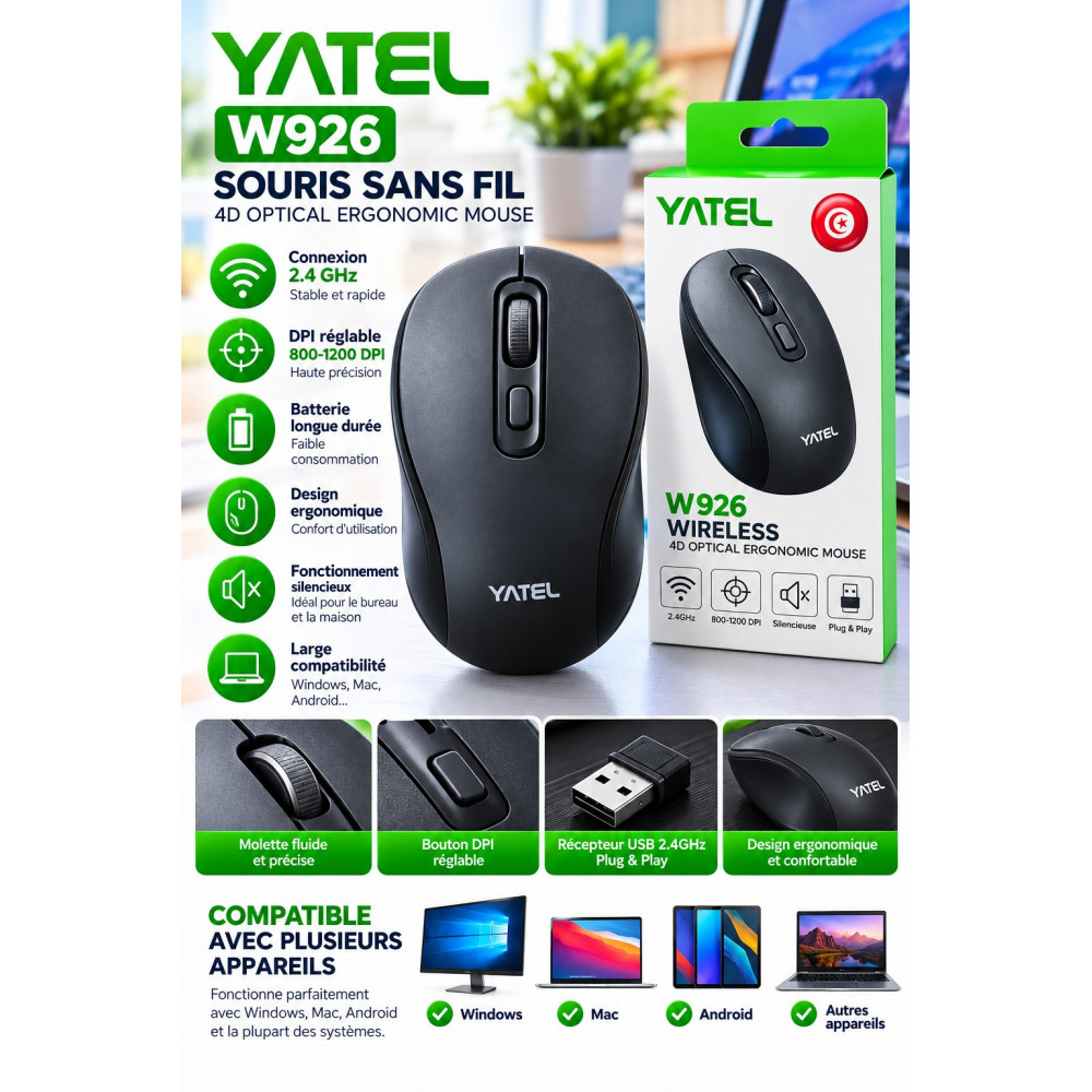 Souris sans fil YATEL W926, avec connexion 2.4 GHz, portée jusqu’à 10 m