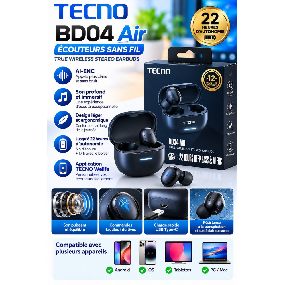 Écouteurs sans fil TECNO BD04 Air avec Bluetooth 5.4, appels plus clairs grâce à l’AI-ENC